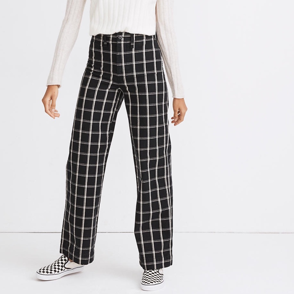 Madewell W25 Slim Emmett Wide-Leg Full-Length Pants in Windowpane Check Black